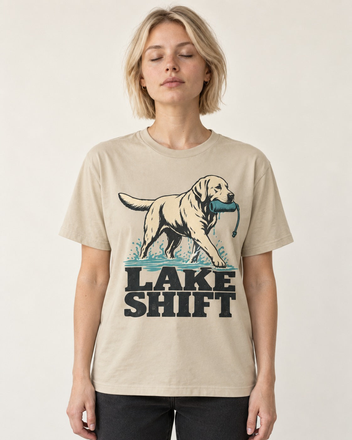 Lake Shift Labrador Retriever T-Shirt in Sand, worn by a model