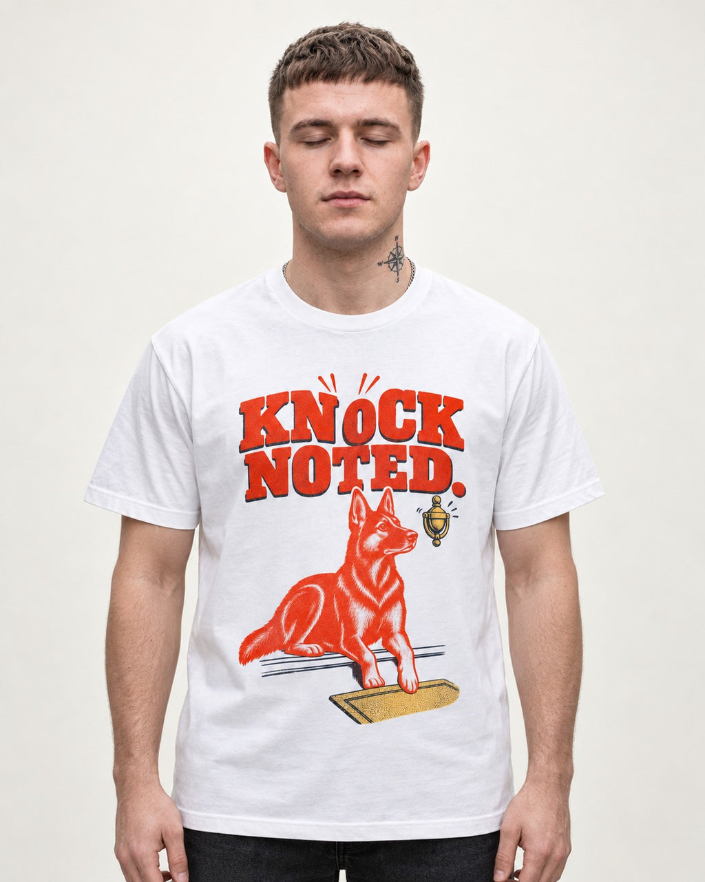 Knock Noted Door Knocker German Shepherd Dog Graphic T-Shirt in White, worn by a model