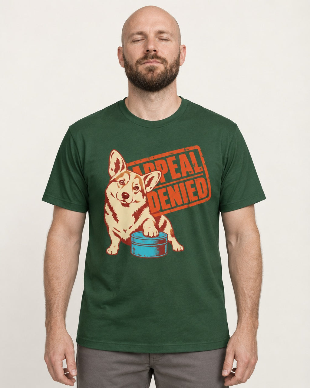 Corgi Appeal Denied Treat Tin T-Shirt in Forest Green, worn by a model