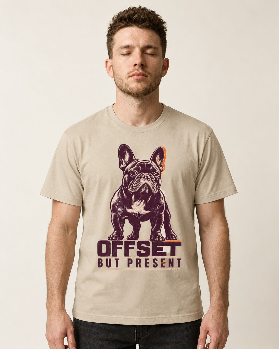 Offset but Present Frenchie T-Shirt in Sand, worn by a model