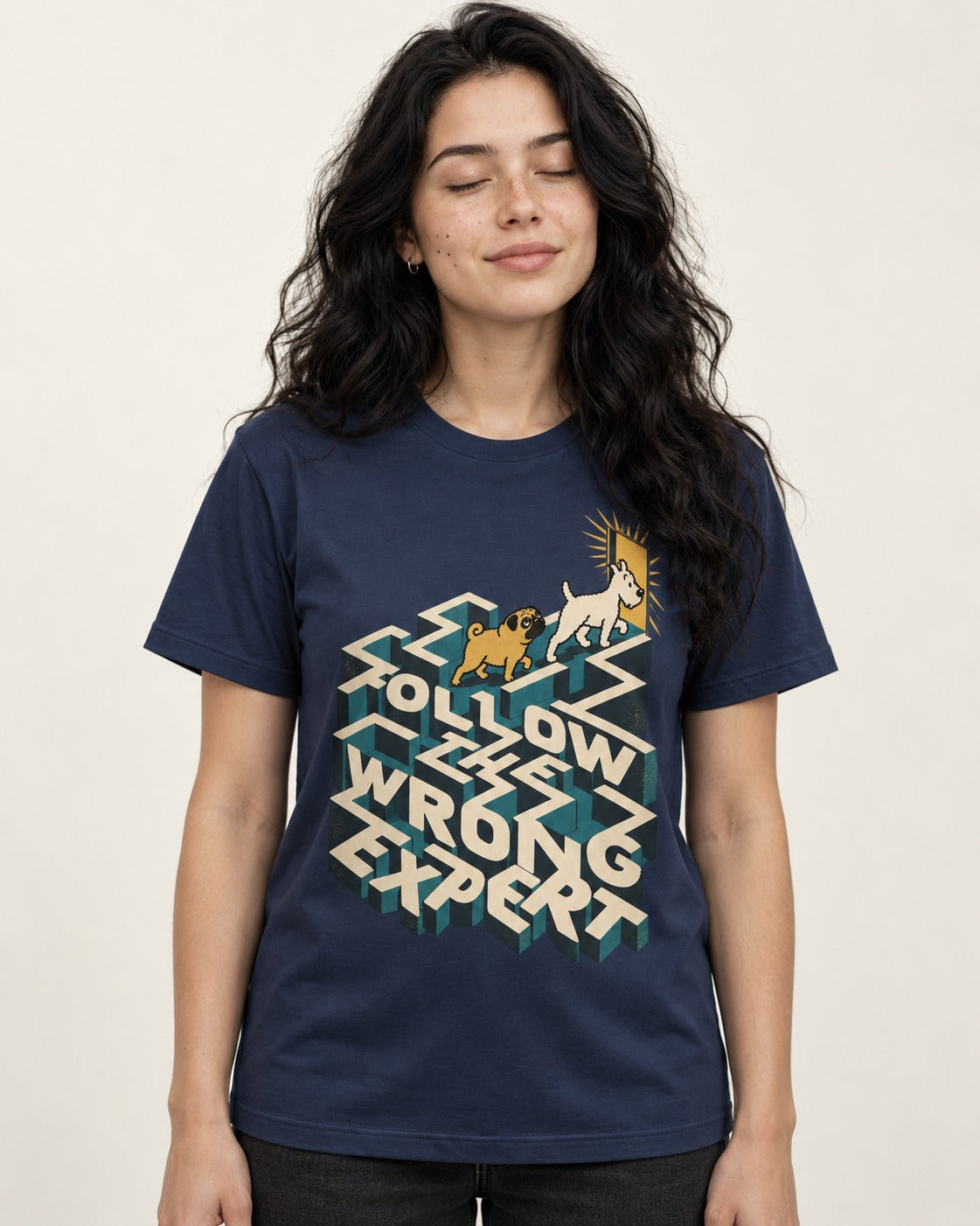Pug Follow the Wrong Expert Isometric Maze Graphic T-Shirt in Navy, worn by a model