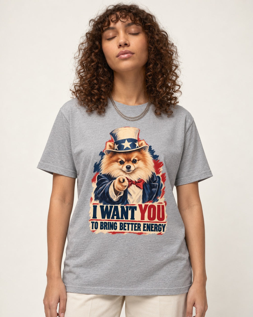 Pomeranian I Want You to Bring Better Energy Uncle Sam Graphic T-Shirt in Sport Grey, worn by a model