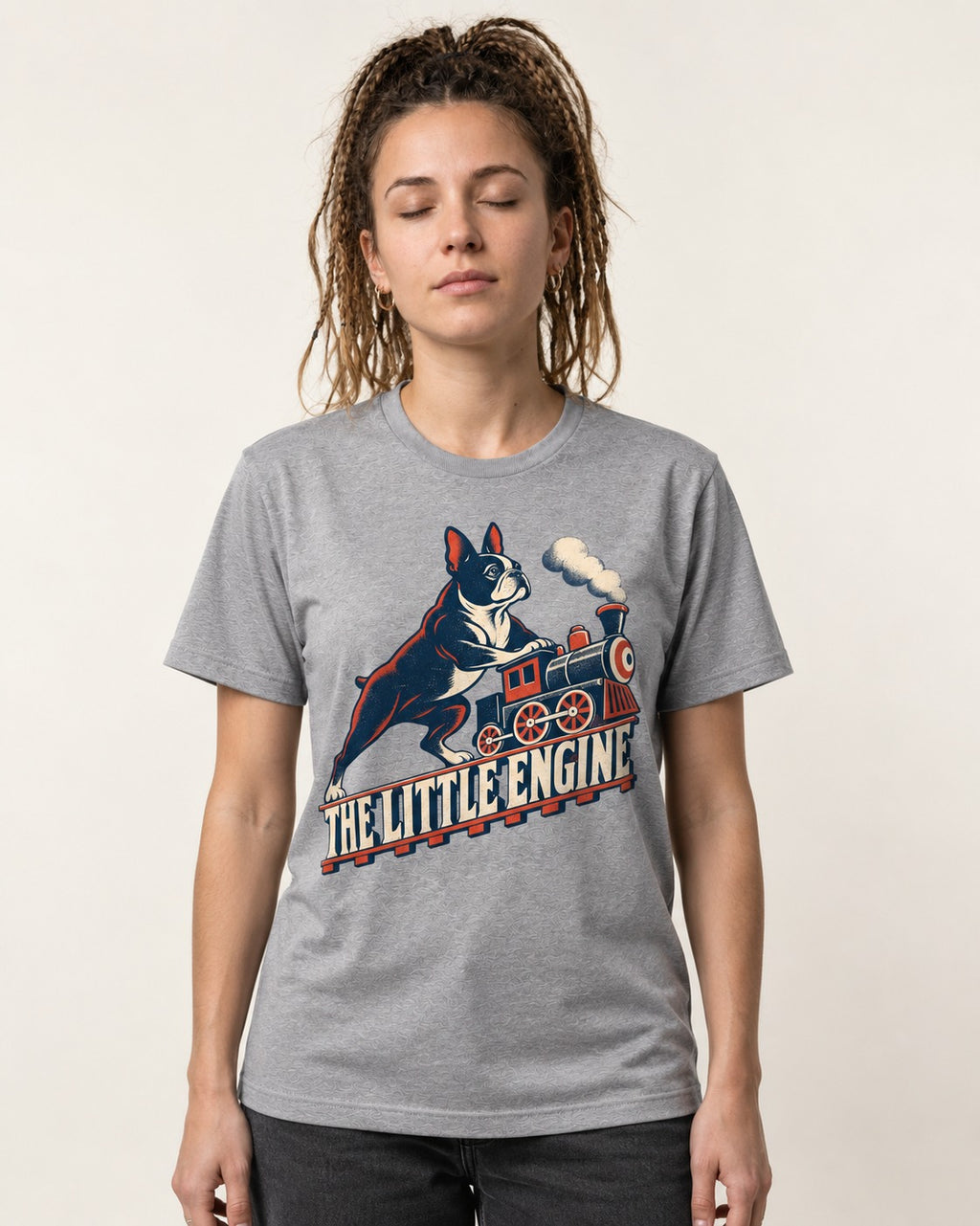 Boston Terrier The Little Engine T-Shirt in Sport Grey, worn by a model