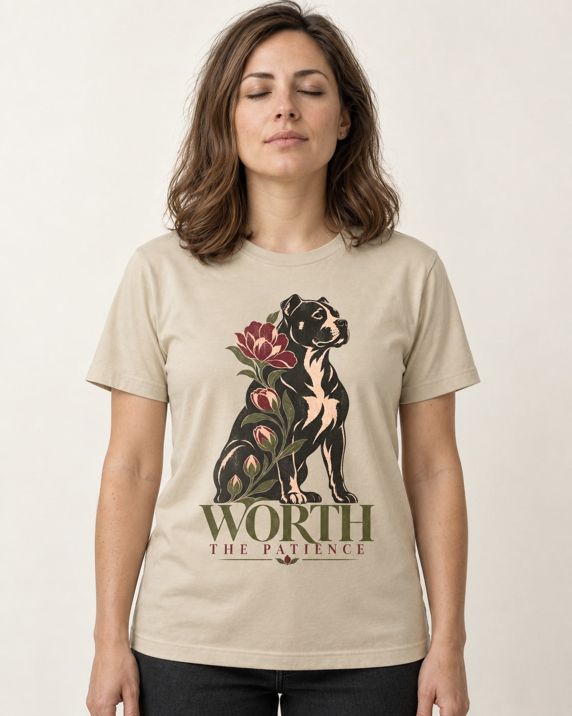 Pitbull Worth the Patience T-Shirt in Sand, worn by a model