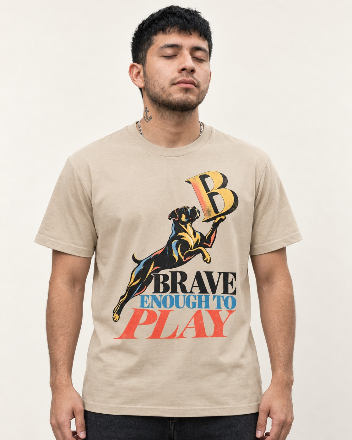 Boxer Brave Enough to Play T-Shirt in Sand, worn by a model