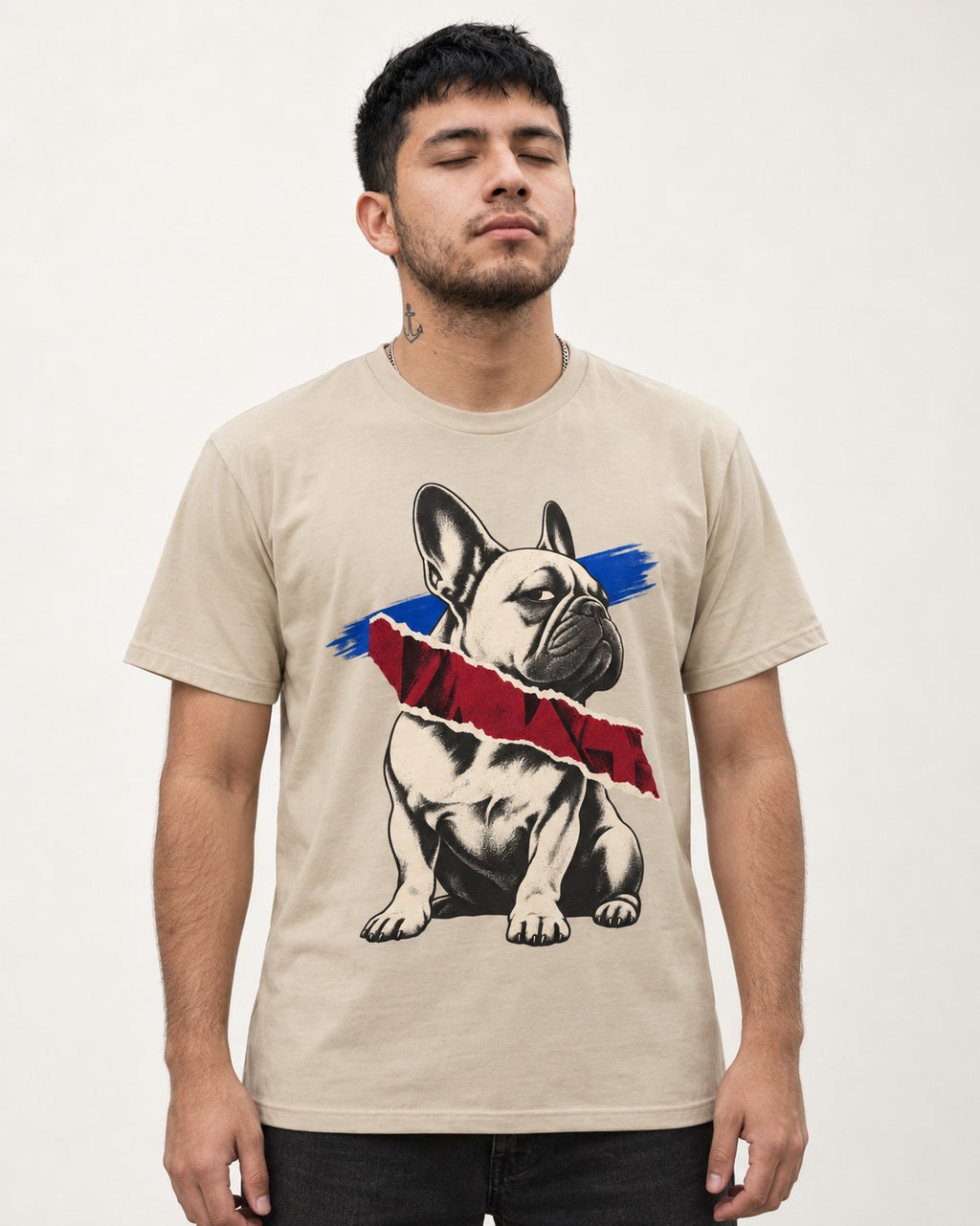 Frenchie Punk T-Shirt in Sand, worn by a model