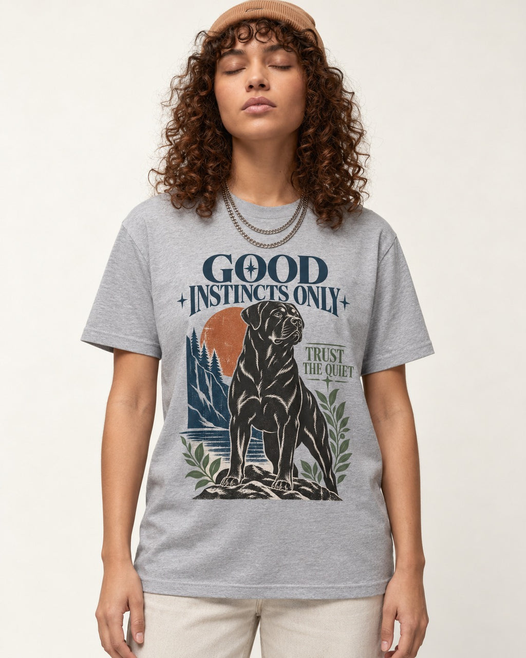 Good Instincts Only Rottweiler T-Shirt in Sport Grey, worn by a model