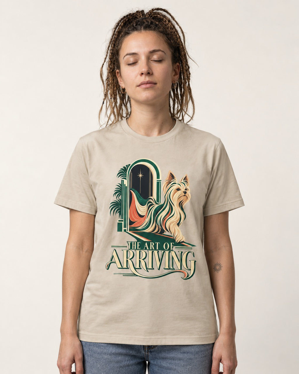 Yorkshire Terrier Arriving T-Shirt in Sand, worn by a model