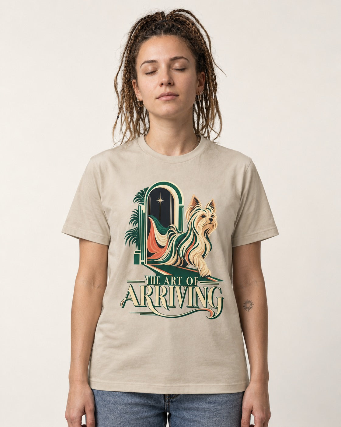 Yorkshire Terrier Arriving T-Shirt in Sand, worn by a model