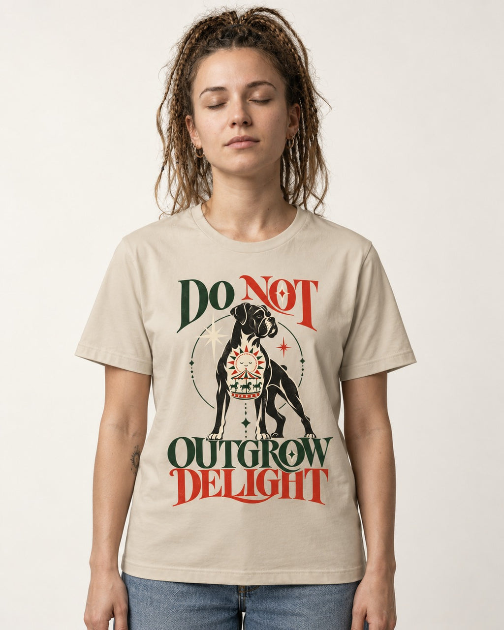 Boxer Do Not Outgrow Delight T-Shirt in Sand, worn by a model