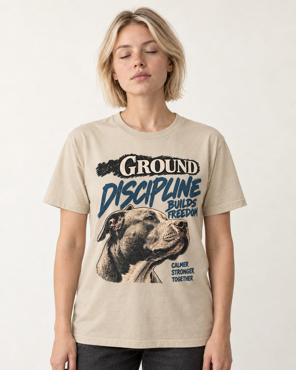 Pitbull Discipline Builds Freedom T-Shirt in Sand, worn by a model