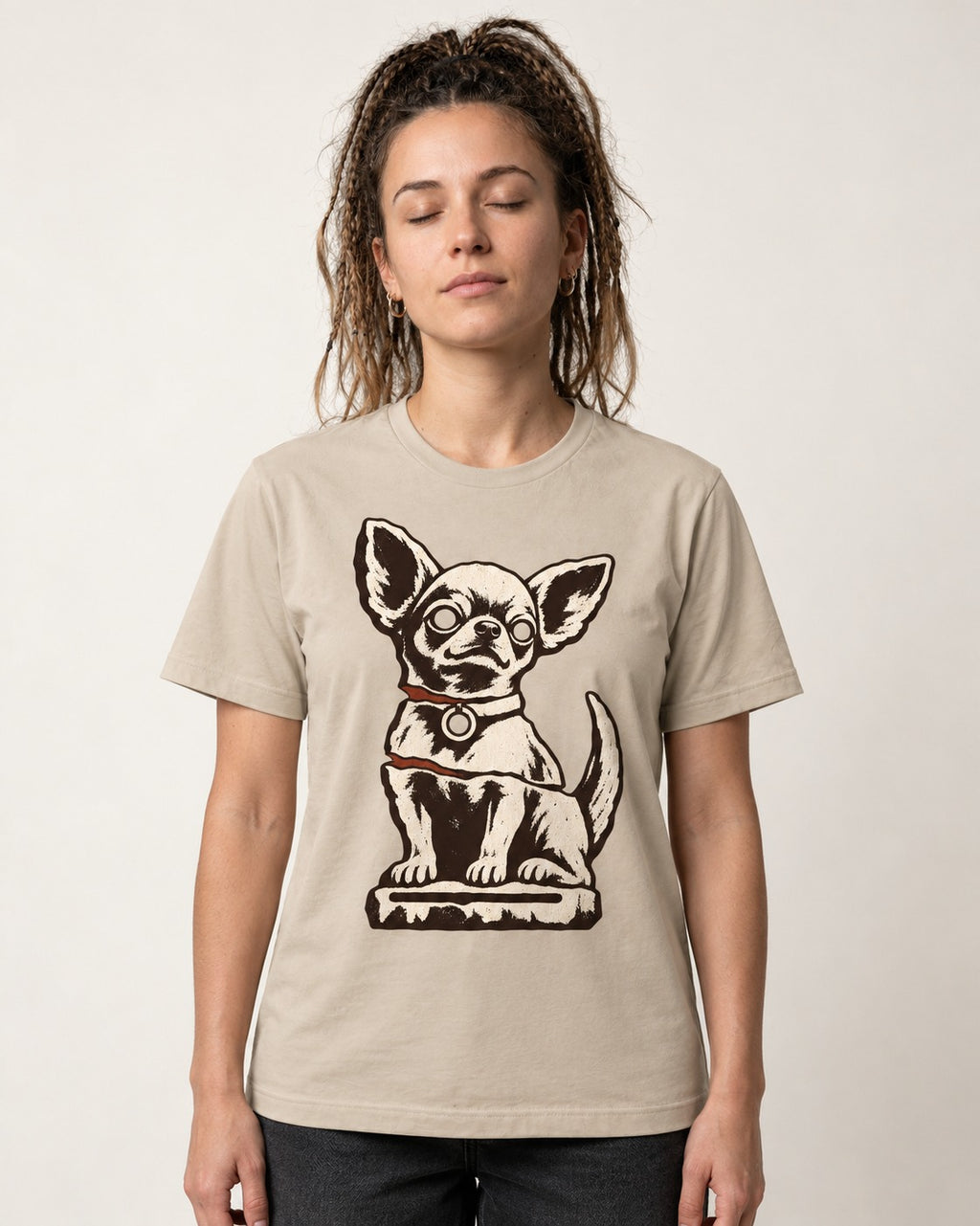 Chihuahua's Eternal Vigil T-Shirt in Sand, worn by a model
