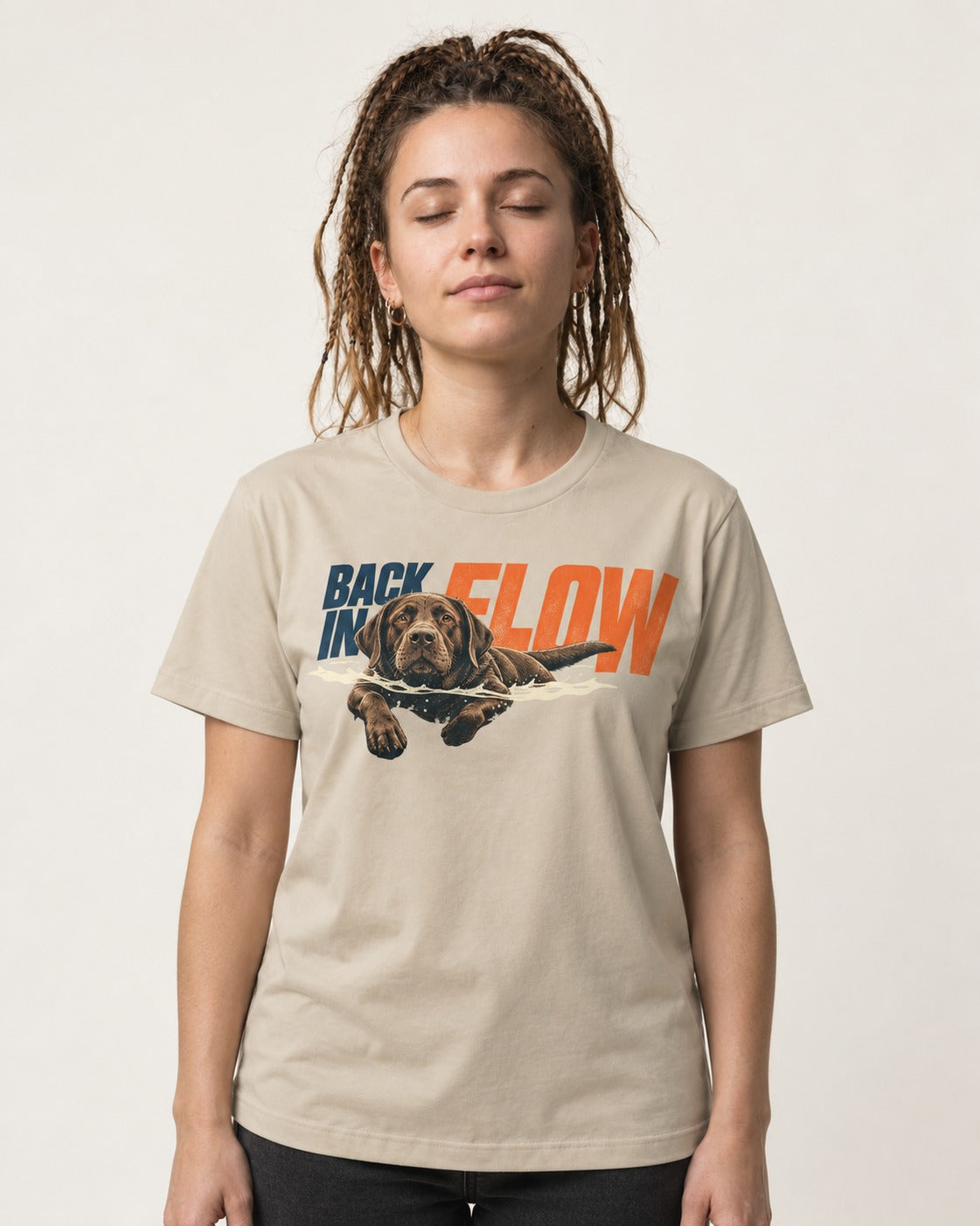 Labrador Retriever Back in Flow T-Shirt in Sand, worn by a model