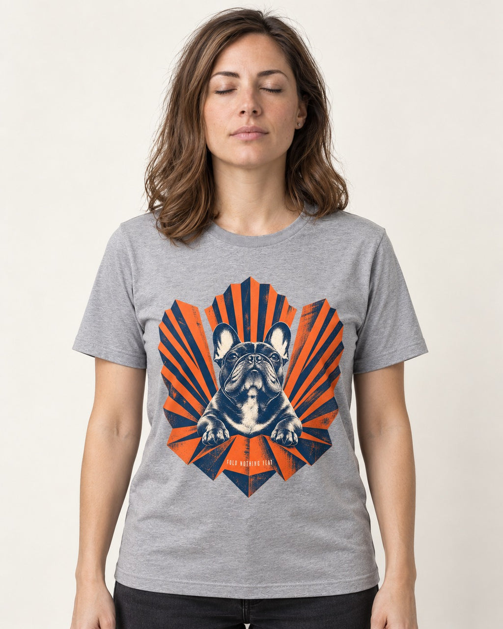 Frenchie Fold Nothing Flat Geometric Fan Graphic T-Shirt in Sport Grey, worn by a model