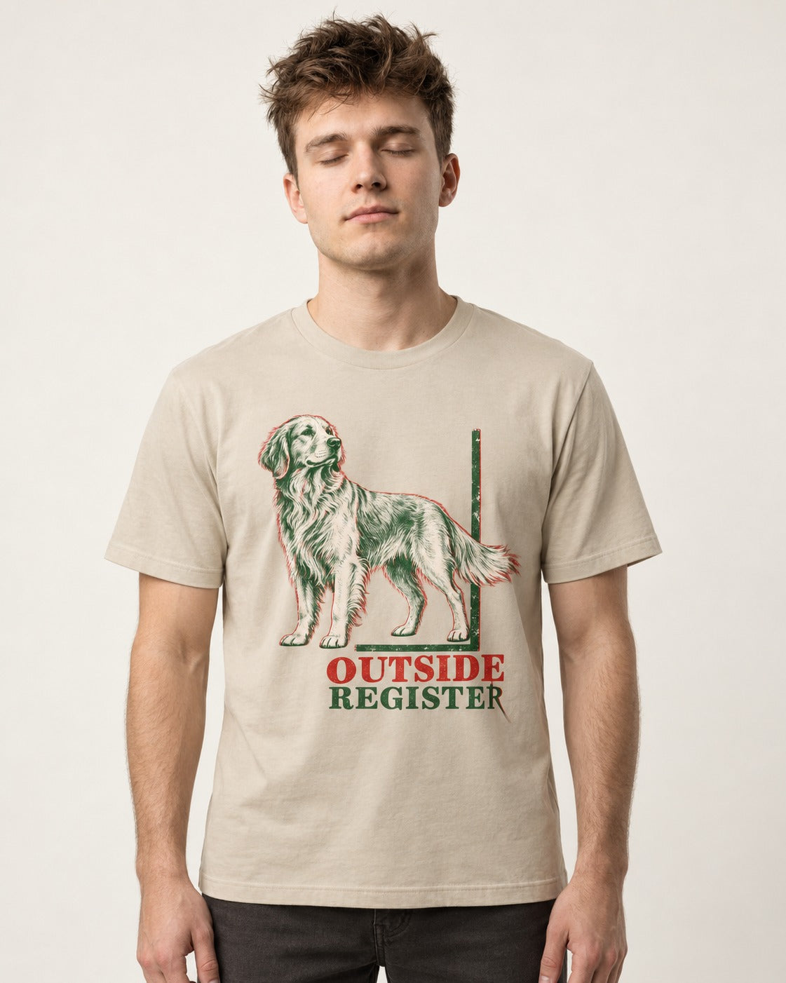 Outside Register Golden Retriever T-Shirt in Sand, worn by a model