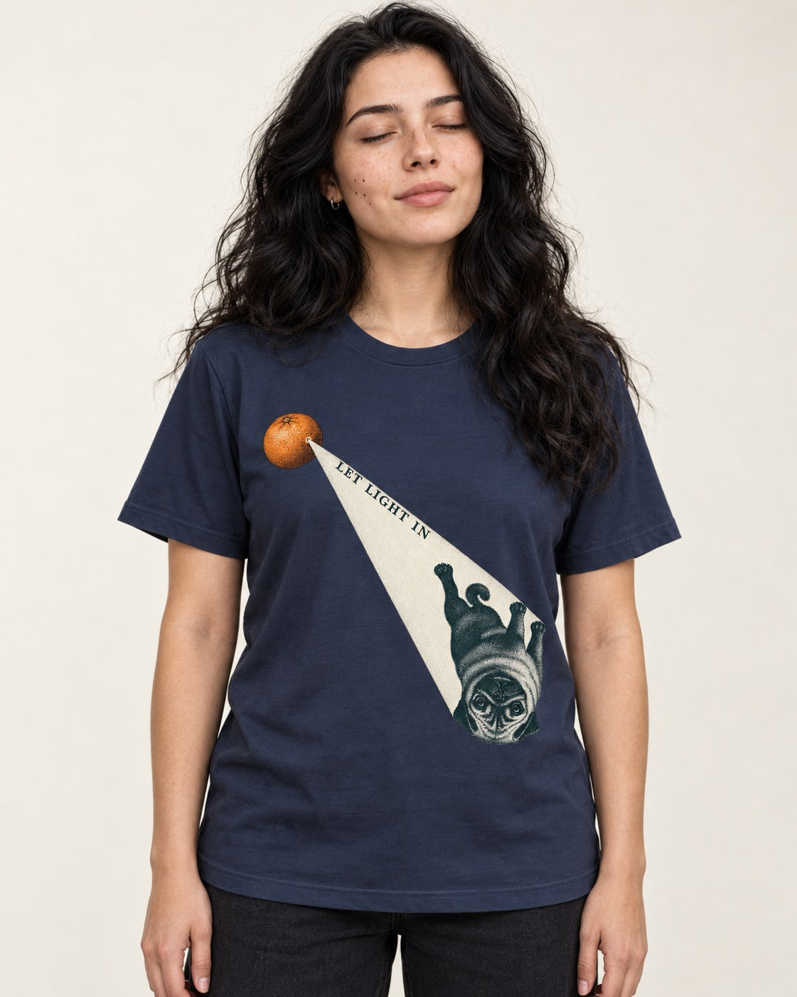 Pug Let Light In Camera Obscura Graphic T-Shirt in Navy, worn by a model