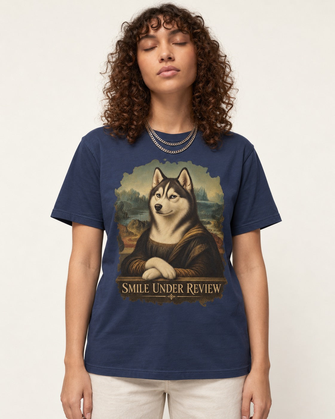 Husky Smile Under Review Renaissance Portrait Graphic T-Shirt in Navy, worn by a model