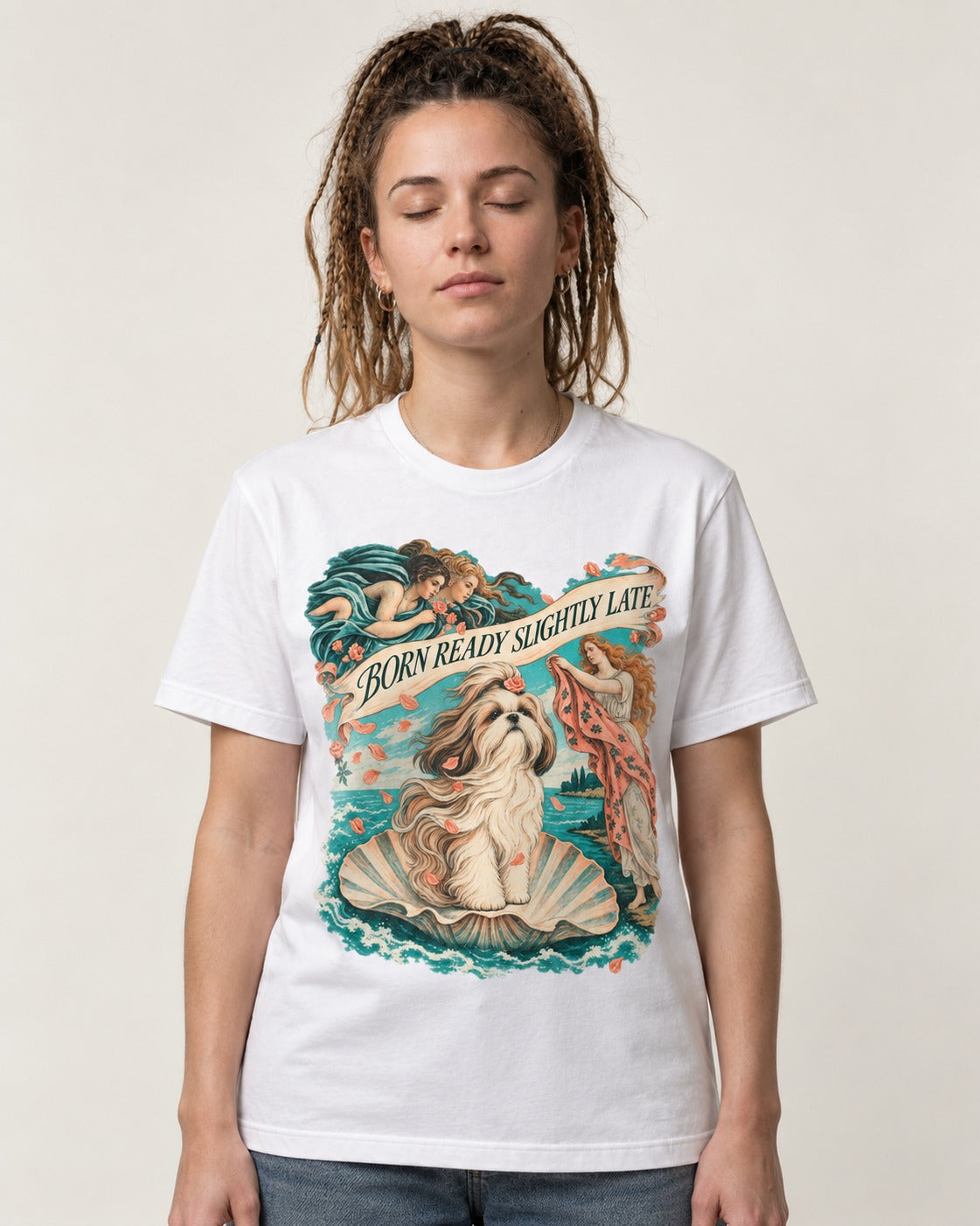 Shih Tzu Born Ready Slightly Late Venus Graphic T-Shirt in White, worn by a model