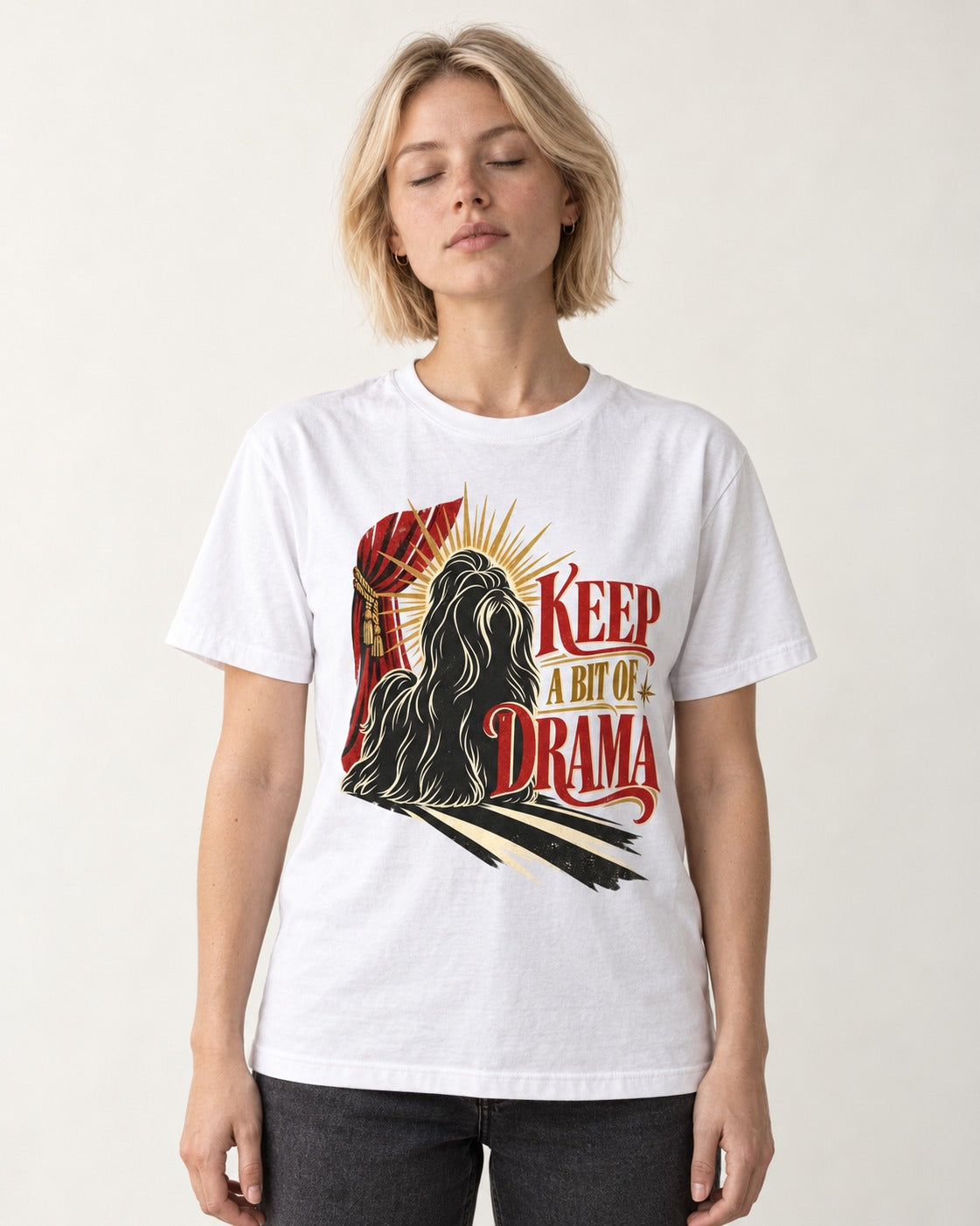 Shih Tzu Keep a Bit of Drama Theater Graphic T-Shirt in White, worn by a model