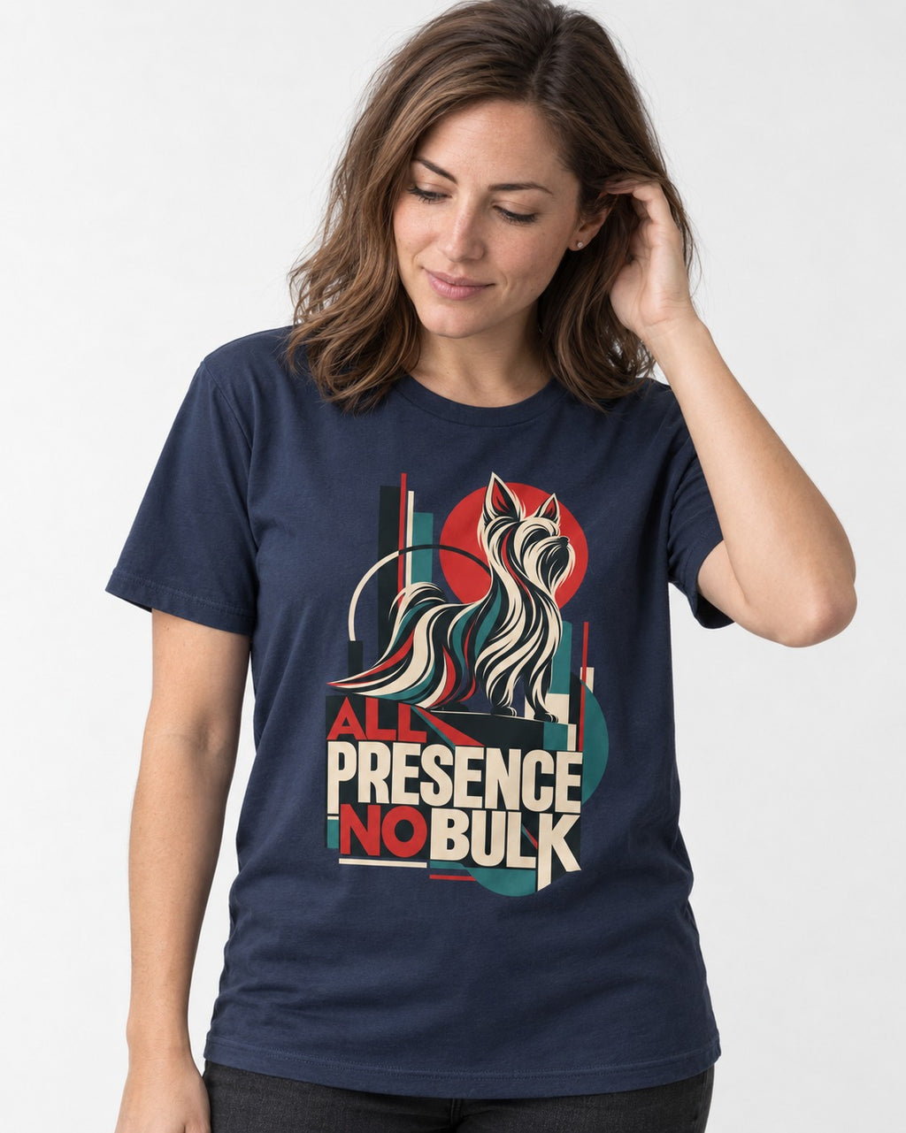 Yorkshire Terrier All Presence No Bulk Geometric Portrait Graphic T-Shirt in Navy, worn by a model