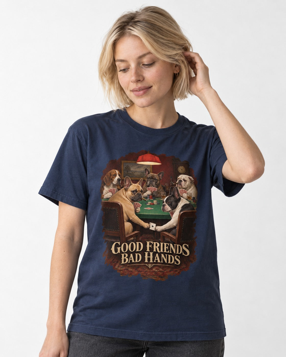 Frenchie Good Friends Bad Hands Poker Graphic T-Shirt in Navy, worn by a model
