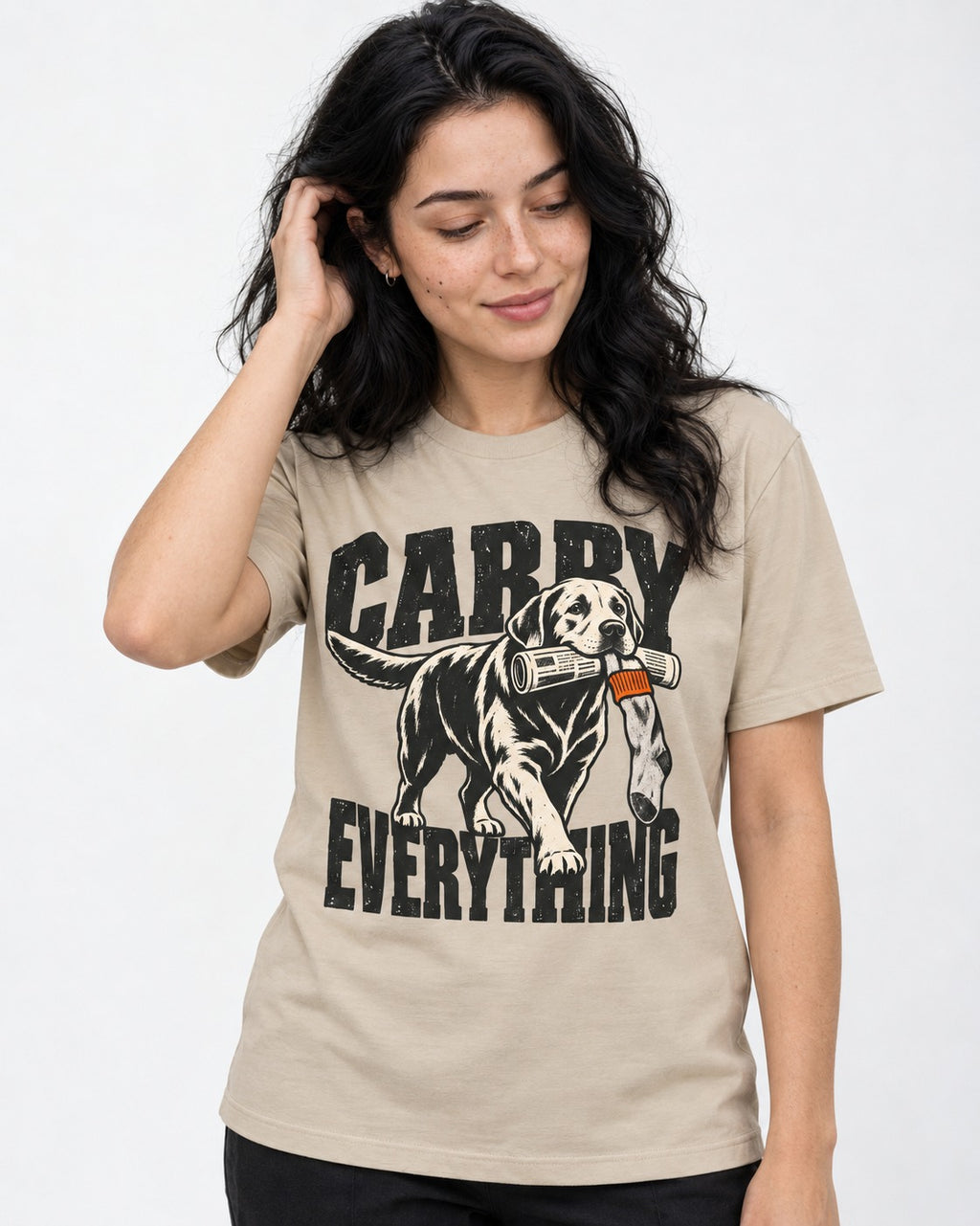 Carry Everything Labrador Retriever T-Shirt in Sand, worn by a model
