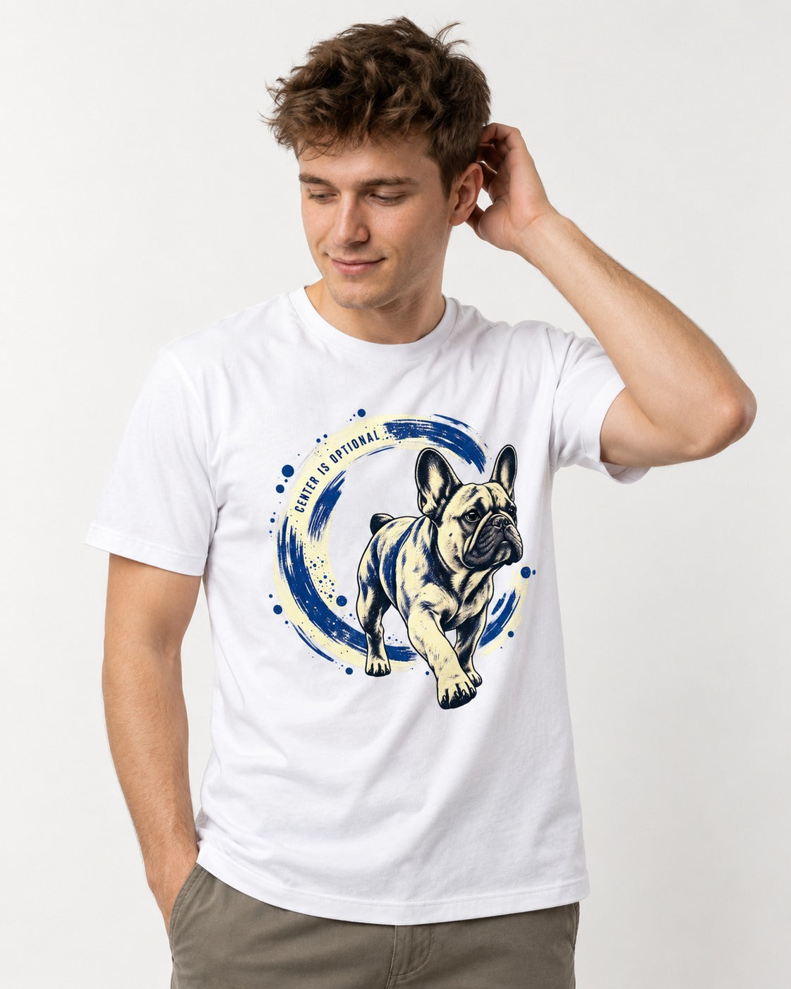 Frenchie Center Is Optional Brush Circle Graphic T-Shirt in White, worn by a model