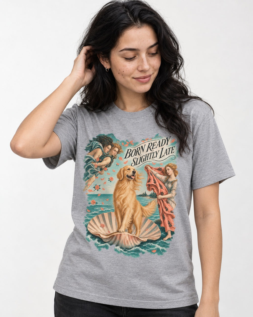 Born Ready Slightly Late Venus Golden Retriever Graphic T-Shirt in Sport Grey, worn by a model