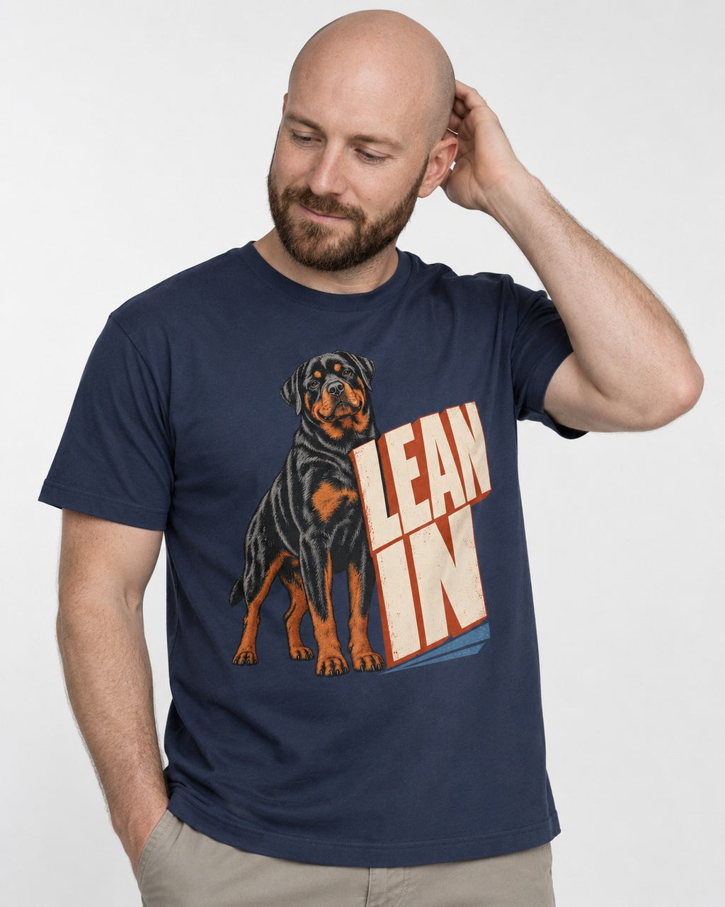 Rottweiler Lean In Block Typography Graphic T-Shirt in Navy, worn by a model