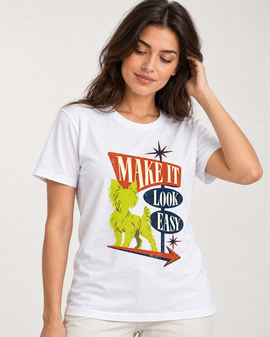 Yorkshire Terrier Make It Look Easy Retro Sign Graphic T-Shirt in White, worn by a model