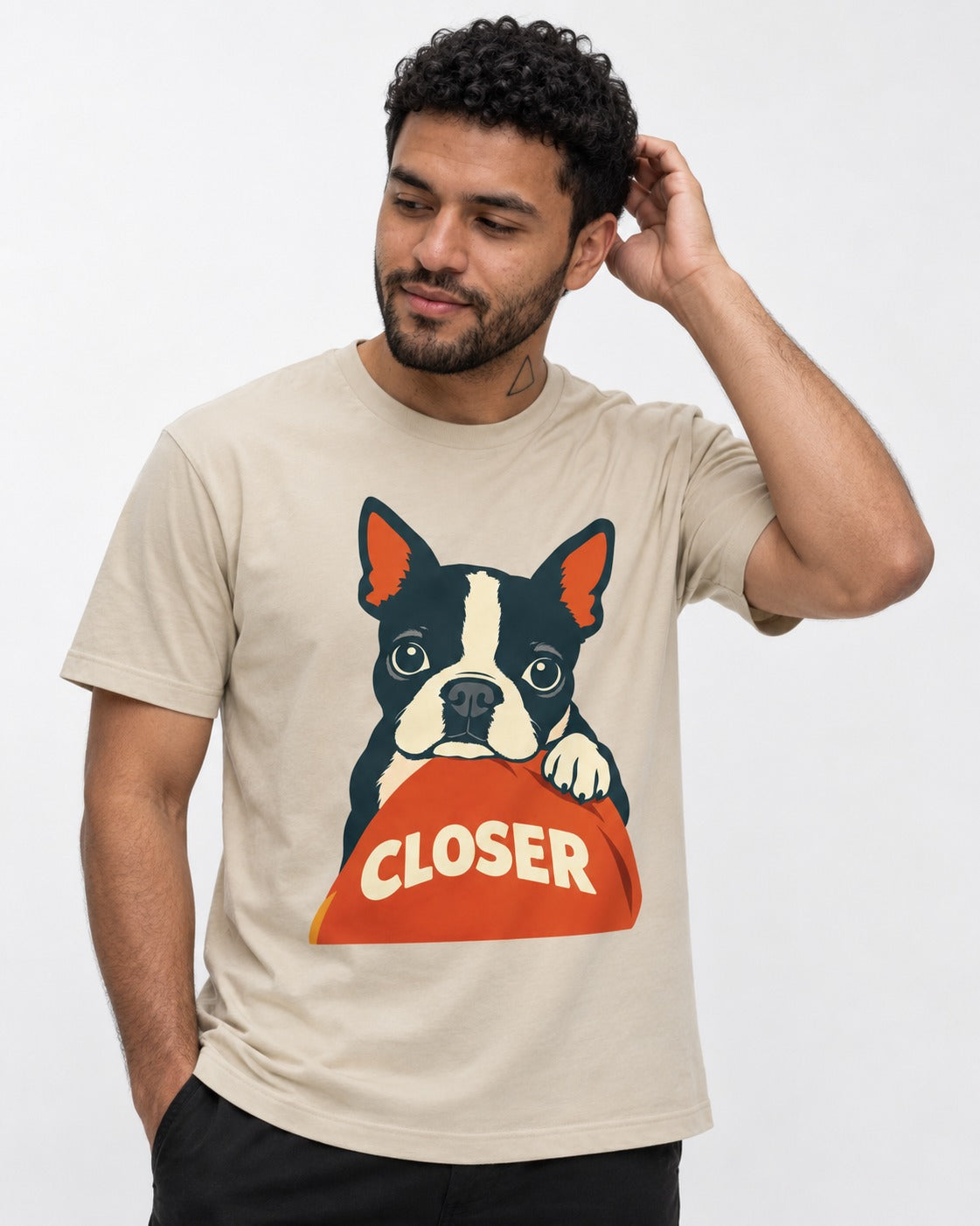 Come Closer Boston Terrier T-Shirt in Sand, worn by a model