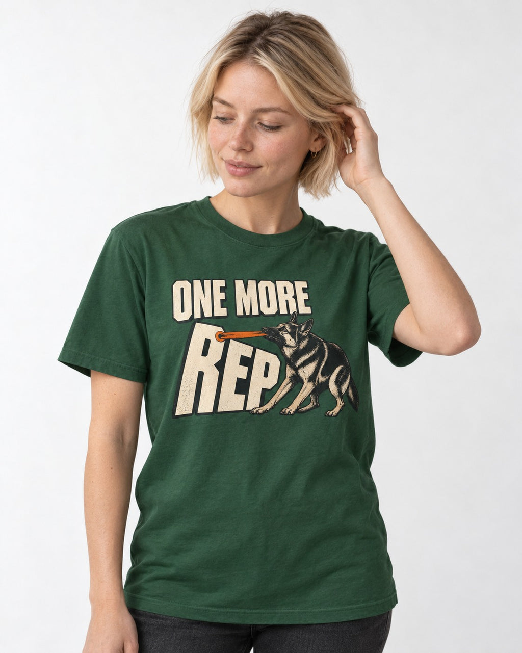 One More Rep Tug German Shepherd Dog Graphic T-Shirt in Forest Green, worn by a model