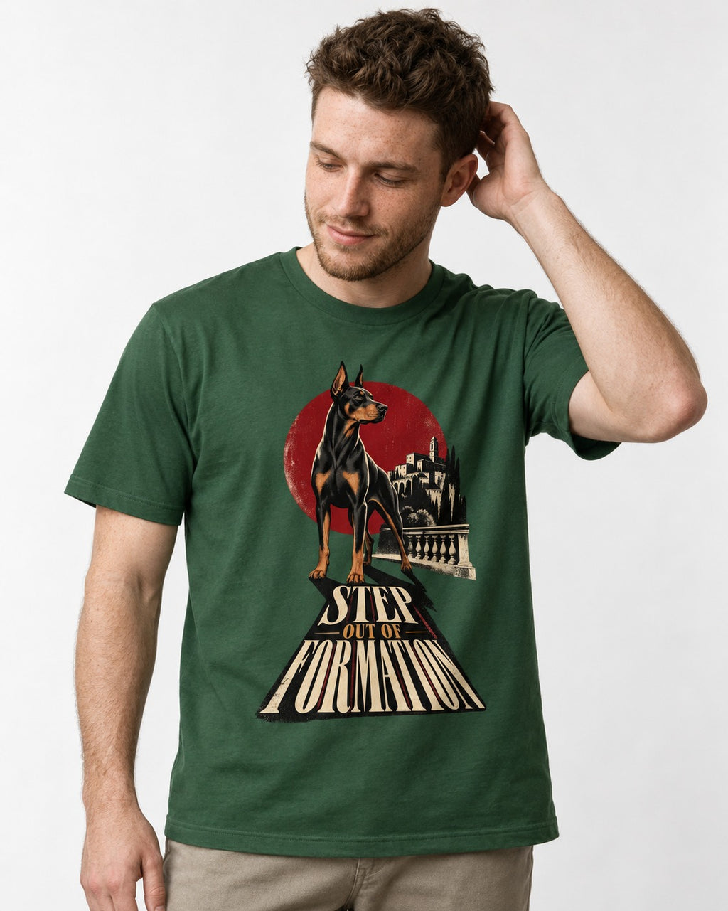 Doberman Step Out of Formation Road Vista Graphic T-Shirt in Forest Green, worn by a model