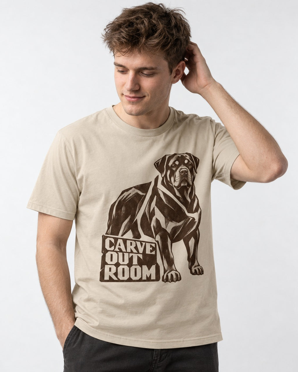 Carve Out Room for Rottweiler T-Shirt in Sand, worn by a model