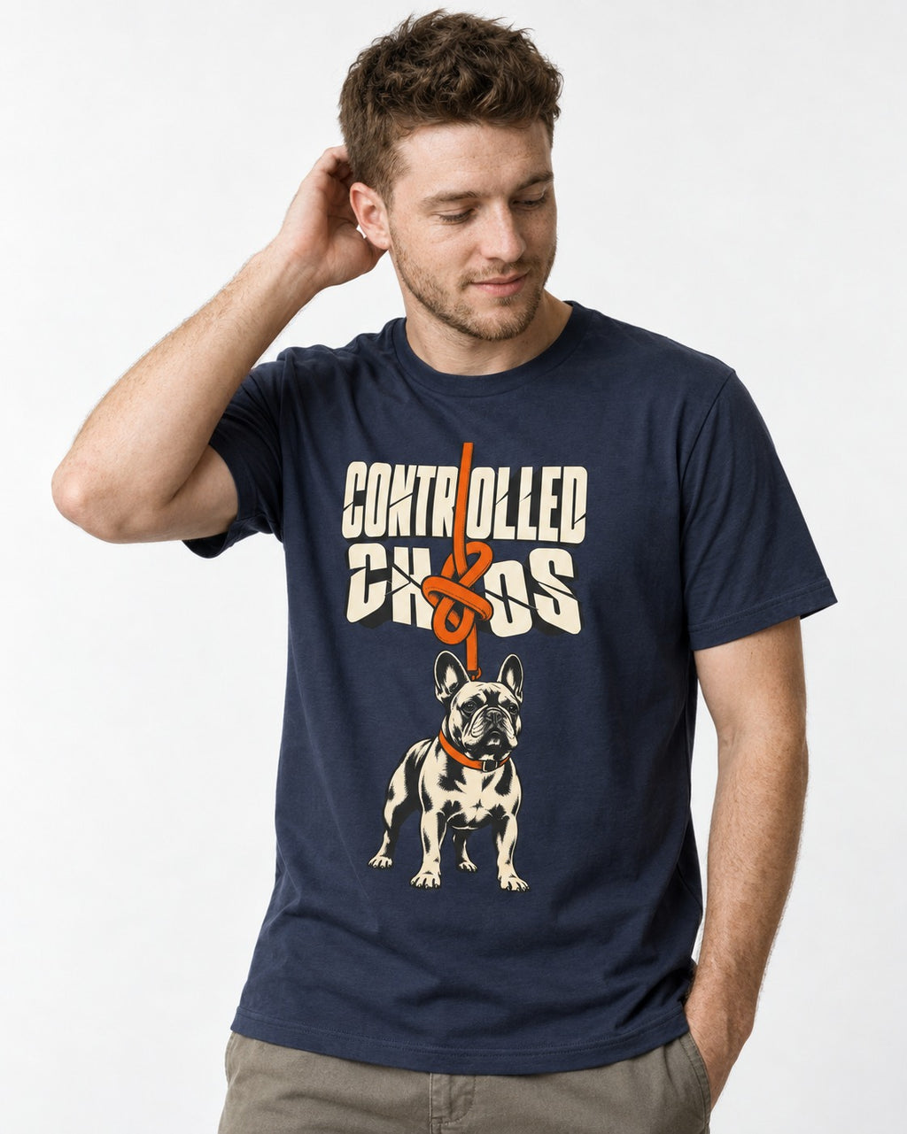 Frenchie Controlled Chaos Leash Knot Graphic T-Shirt in Navy, worn by a model