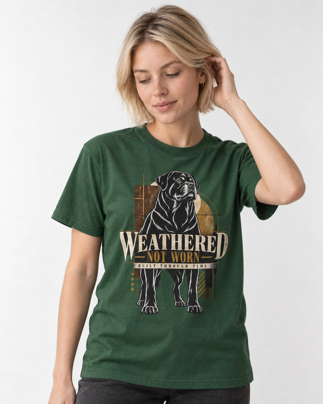 Rottweiler Weathered Not Worn Geometric Graphic T-Shirt in Forest Green, worn by a model