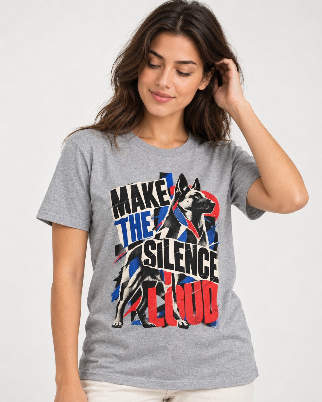 German Shepherd Dog Make the Silence Loud T-Shirt in Sport Grey, worn by a model
