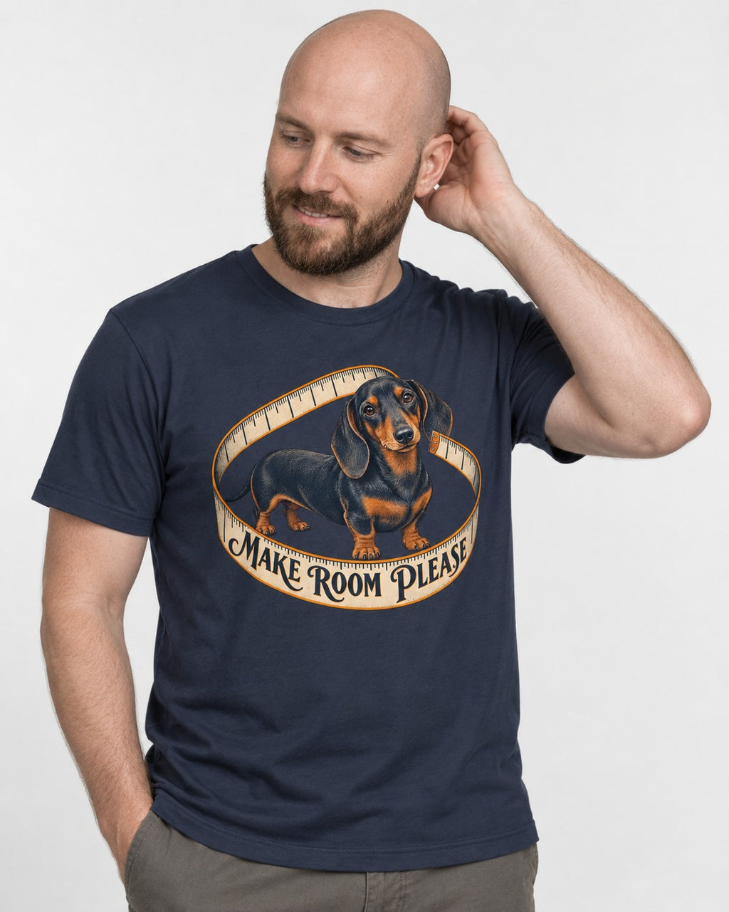 Dachshund Make Room Please Measuring Tape Graphic T-Shirt in Navy, worn by a model