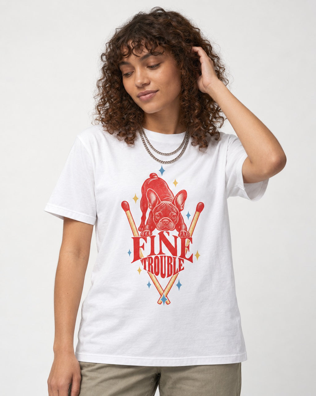 Fine Trouble Boston Terrier Matchstick Graphic T-Shirt in White, worn by a model
