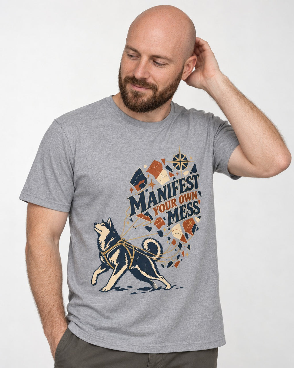 Husky Manifest Your Own Mess T-Shirt in Sport Grey, worn by a model