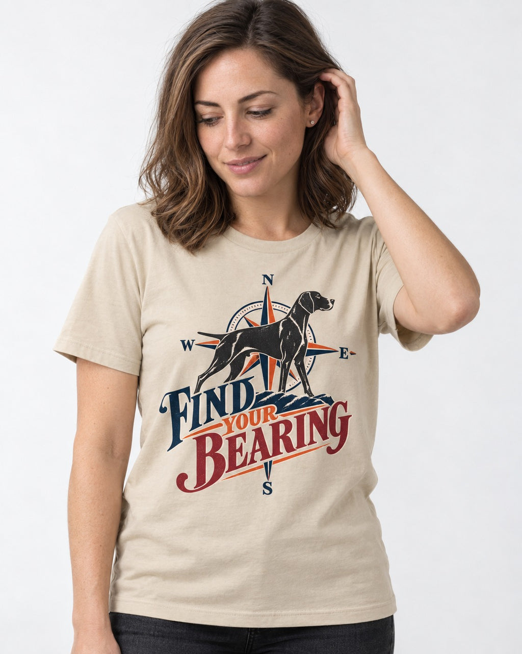 Find Your Bearing German Shorthaired Pointer T-Shirt in Sand, worn by a model