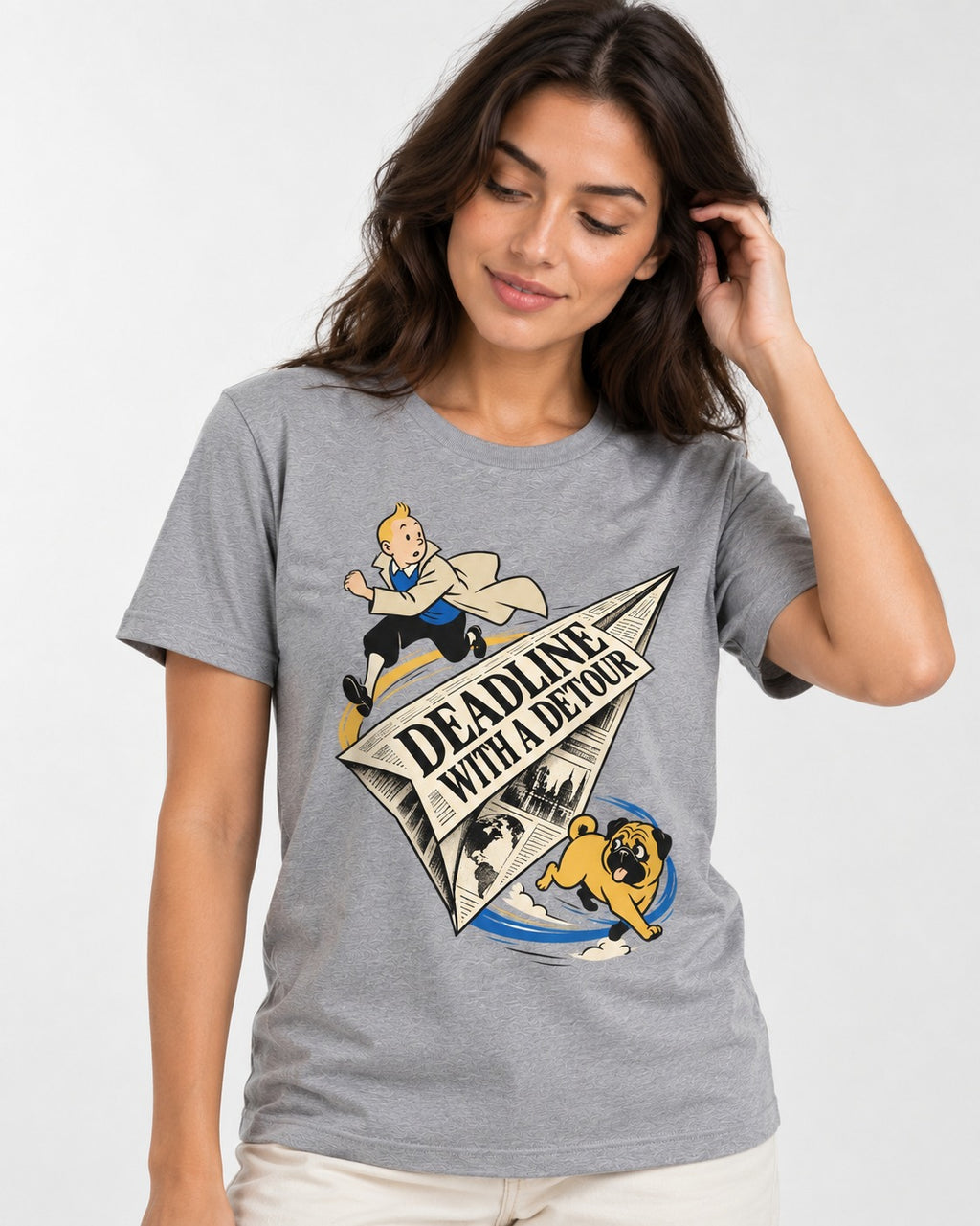 Deadline with a Pug Detour T-Shirt in Sport Grey, worn by a model