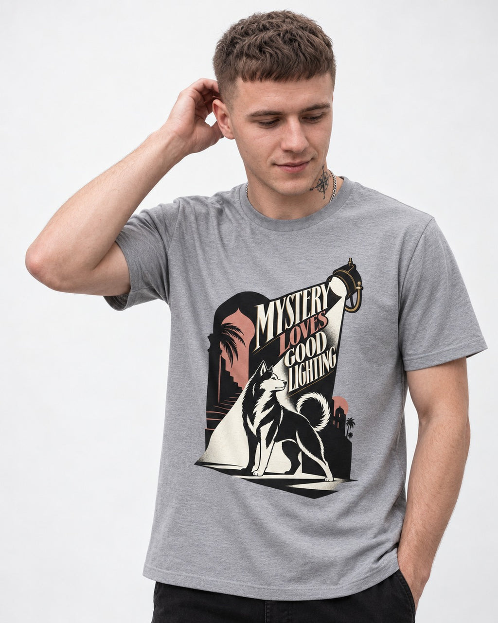 Husky Loves Good Lighting T-Shirt in Sport Grey, worn by a model