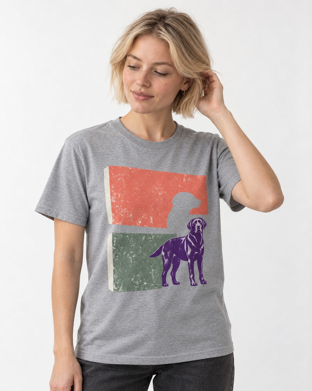 Labrador Retriever Field Test Brutalist Panels Graphic T-Shirt in Sport Grey, worn by a model