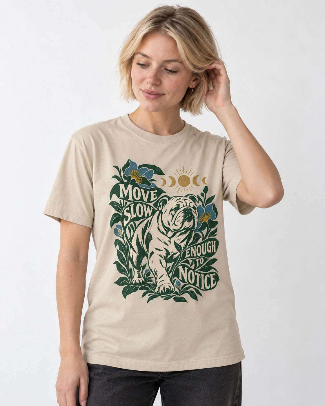 Move Slow English Bulldog T-Shirt in Sand, worn by a model