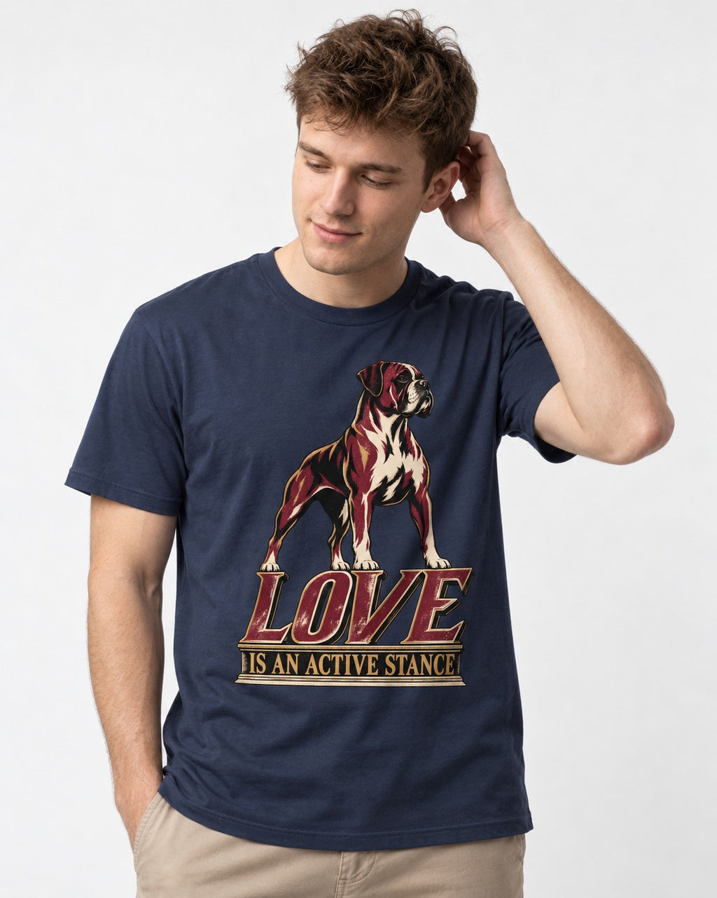 Love Is an Active Stance Boxer Pedestal Graphic T-Shirt in Navy, worn by a model