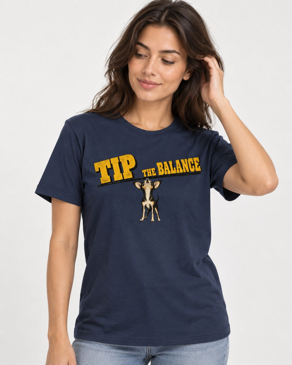 Chihuahua Tip the Balance Beam Graphic T-Shirt in Navy, worn by a model