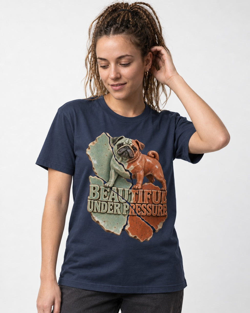 Pug Beautiful Under Pressure Cracked Ceramic Graphic T-Shirt in Navy, worn by a model