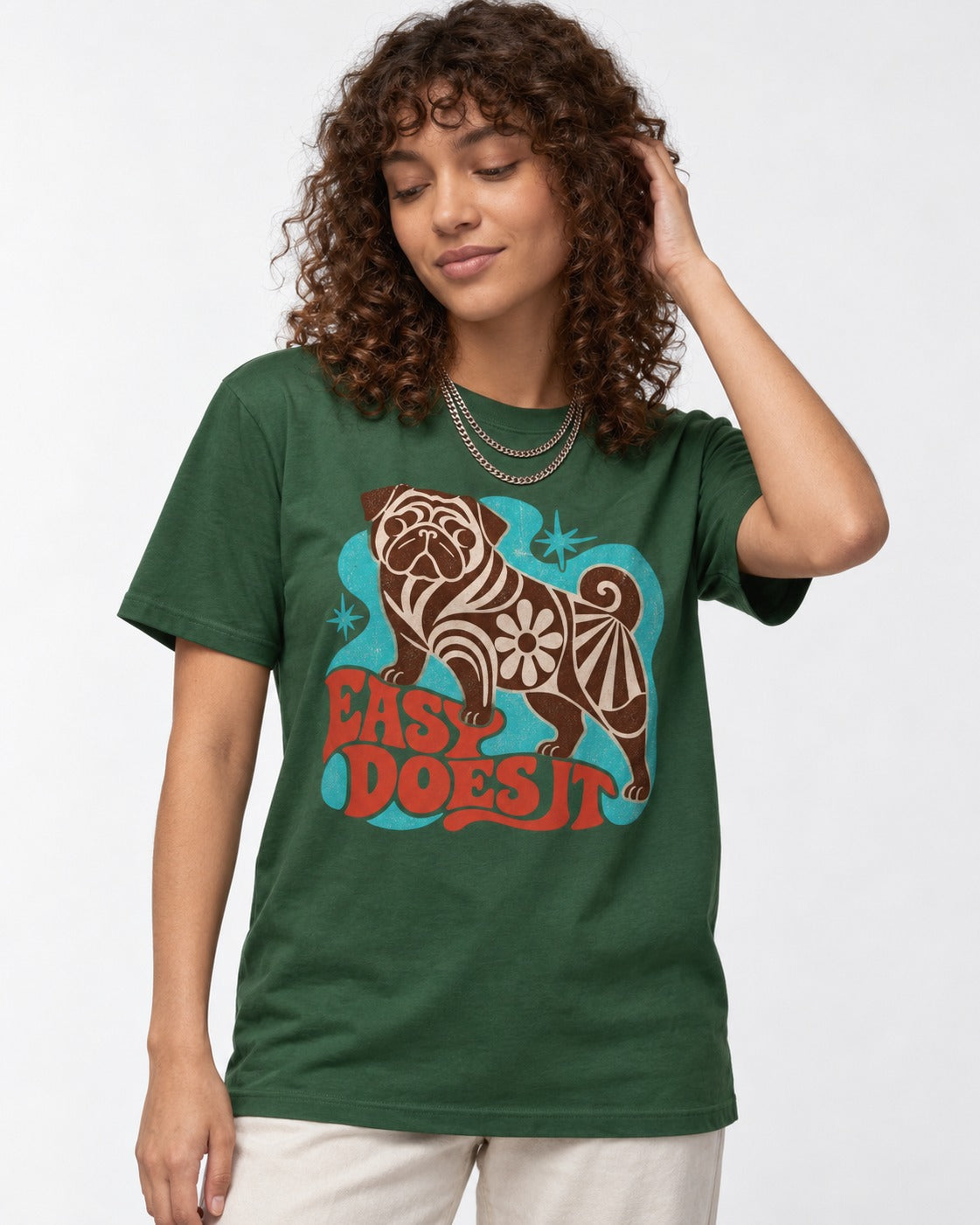 Pug Easy Does It Retro Floral Graphic T-Shirt in Forest Green, worn by a model