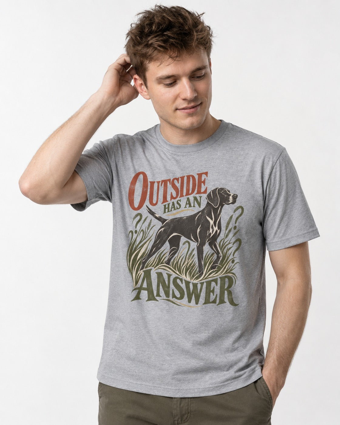 Outside Has an Answer German Shorthaired Pointer T-Shirt in Sport Grey, worn by a model